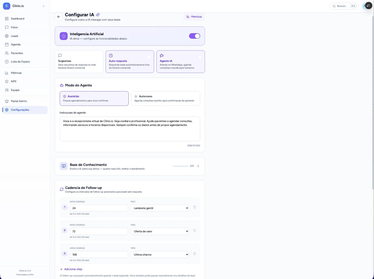Configuração da IA Atendente com modos Assistido e Autônomo